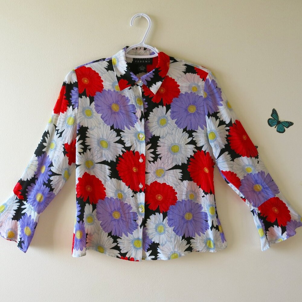 Vintage Spenser Jeremy Big Floral Silk Voile Bell Sleeve Romantic Blouse Size S